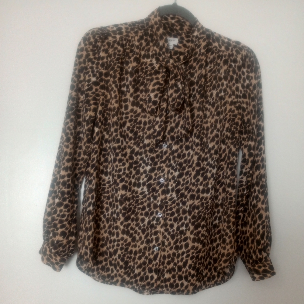 J.Crew Cheetah Print Long Sleeve Button Up Blouse with Tie-Neck